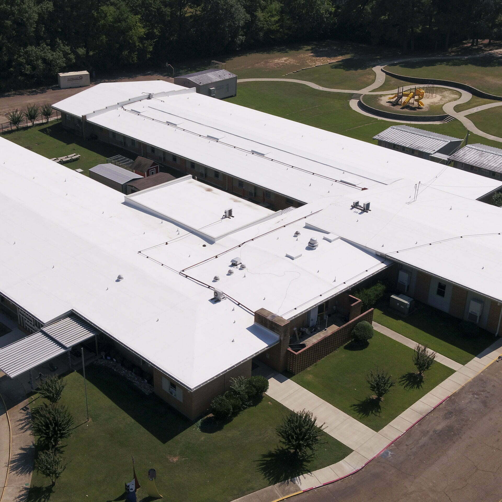 Image shot at Hugh Goodwin School, Drone Completed Shots, El Dorado, Arkansas, October 8, 2021, Jeffrey Parr/Supreme Roofing