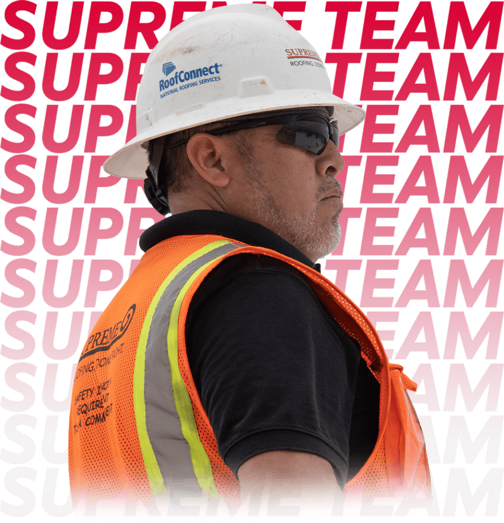 Man wearing hardhat with “Supreme Roofing” logo on it. Background says “supreme team.”