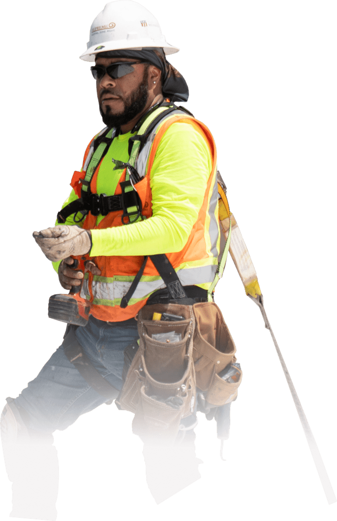 Roofer with safety equipment.
