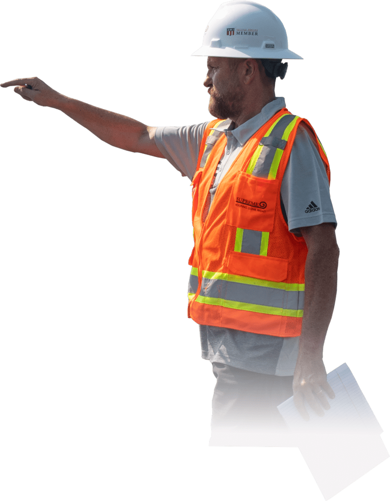 Roofer with hardhat and clipboard.