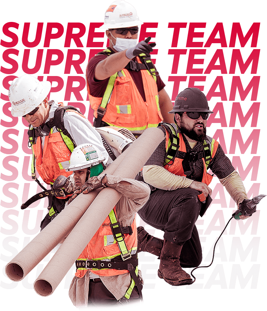 Background says “Supreme Team”, foreground 3 roofers.