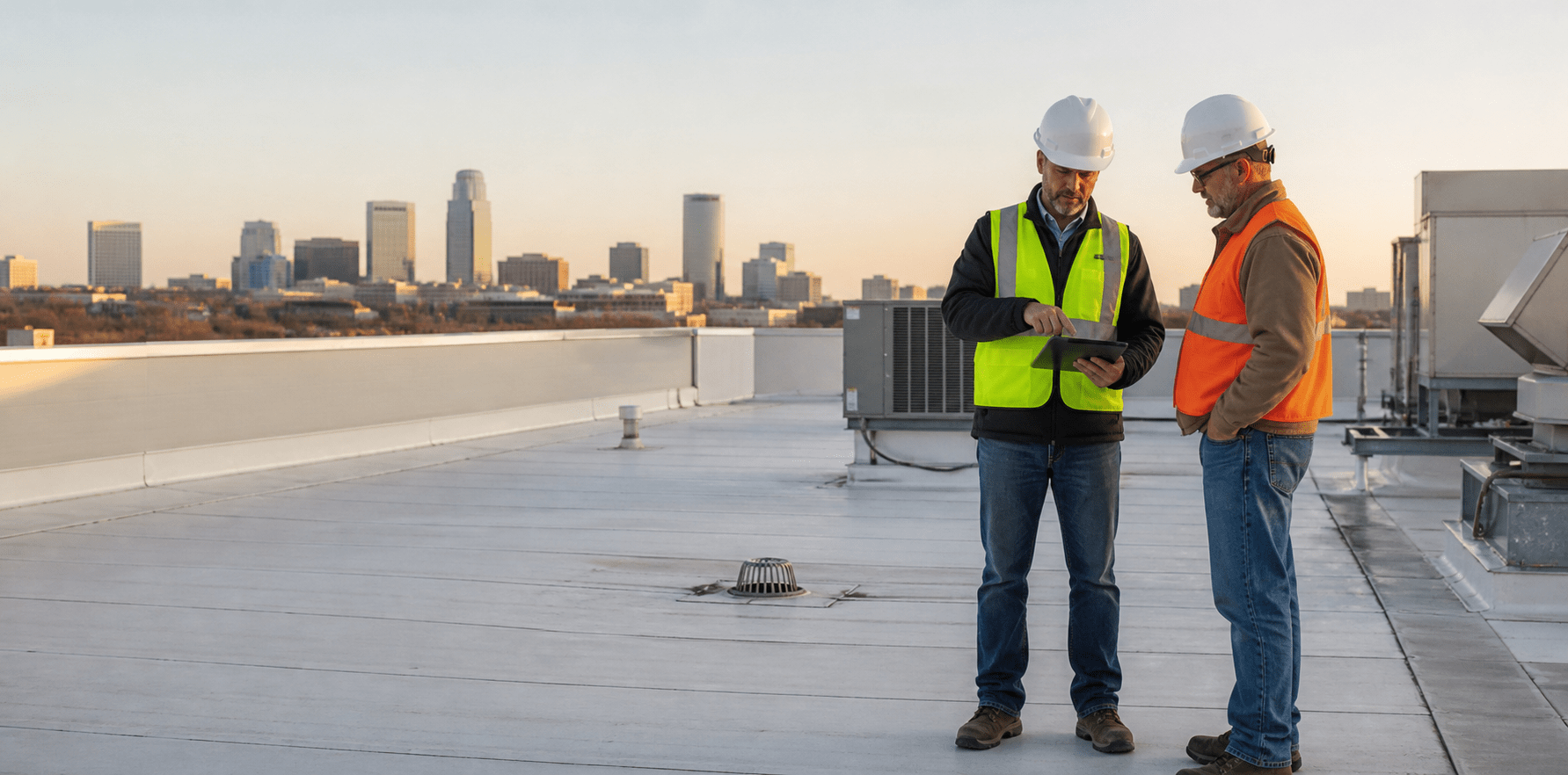 Commercial roofing professional inspecting an active property