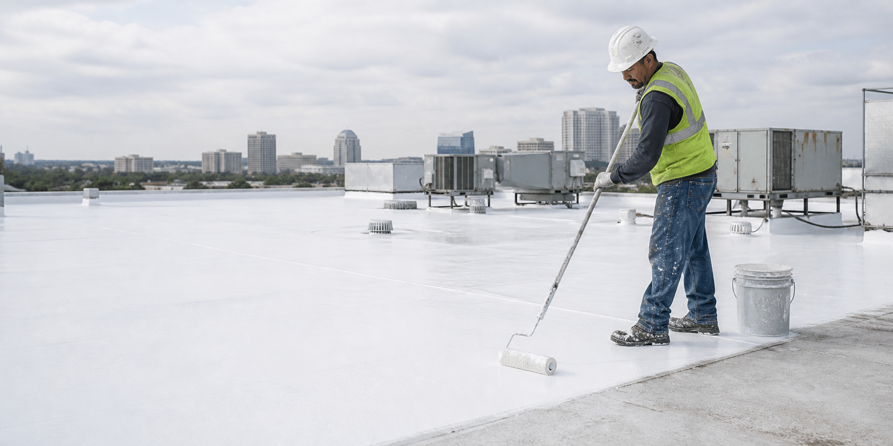 Commercial roofer applying a waterproof roof coating